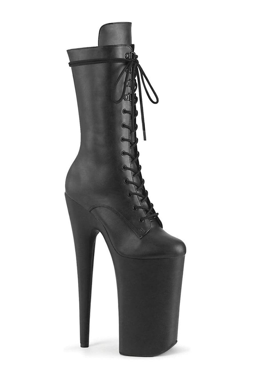 BEYOND-1050WR Stylish Black Faux Leather Mid Calf Knee-High Lace-Up Boots