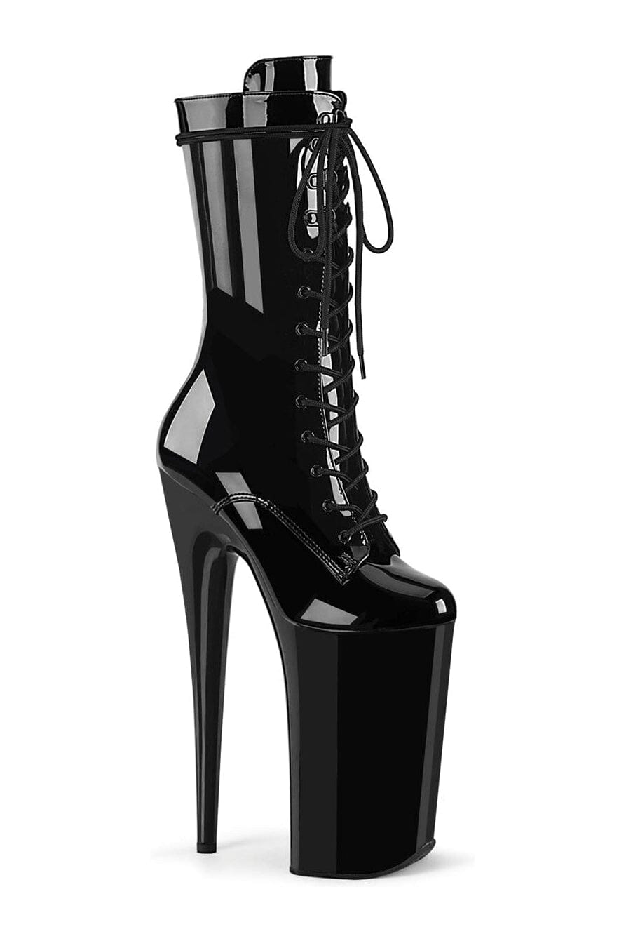 BEYOND-1050 Black Patent Leather Mid Calf Knee-High Lace-Up Boots with Side Zipper