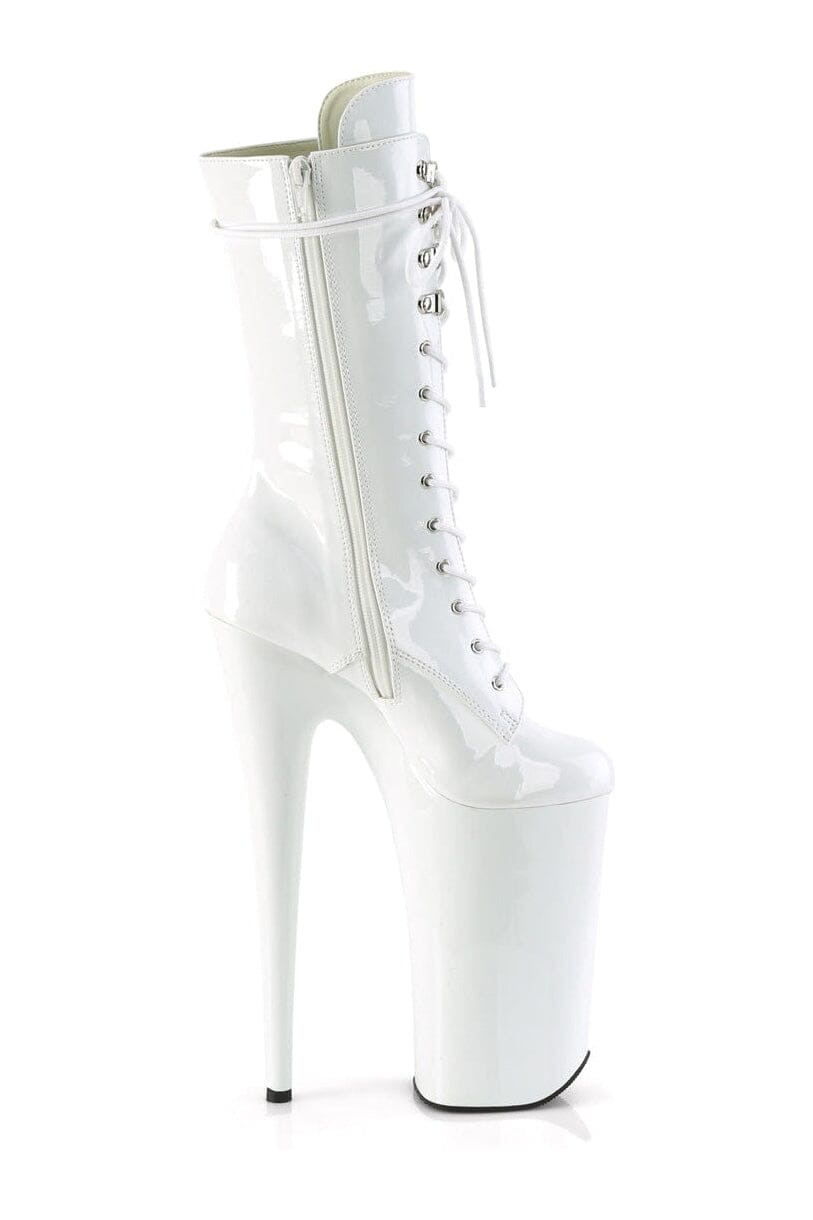 Pleaser BEYOND-1050 Knee-High White Patent Lace-Up Boots with Side Zipper
