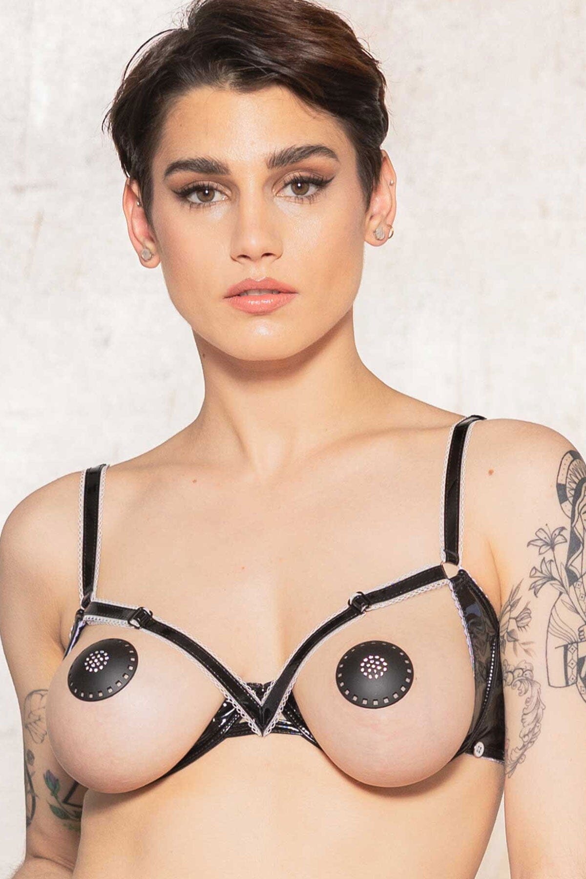Stylish FLOCON Vinyl Open Cup Bra for a Trendy Look