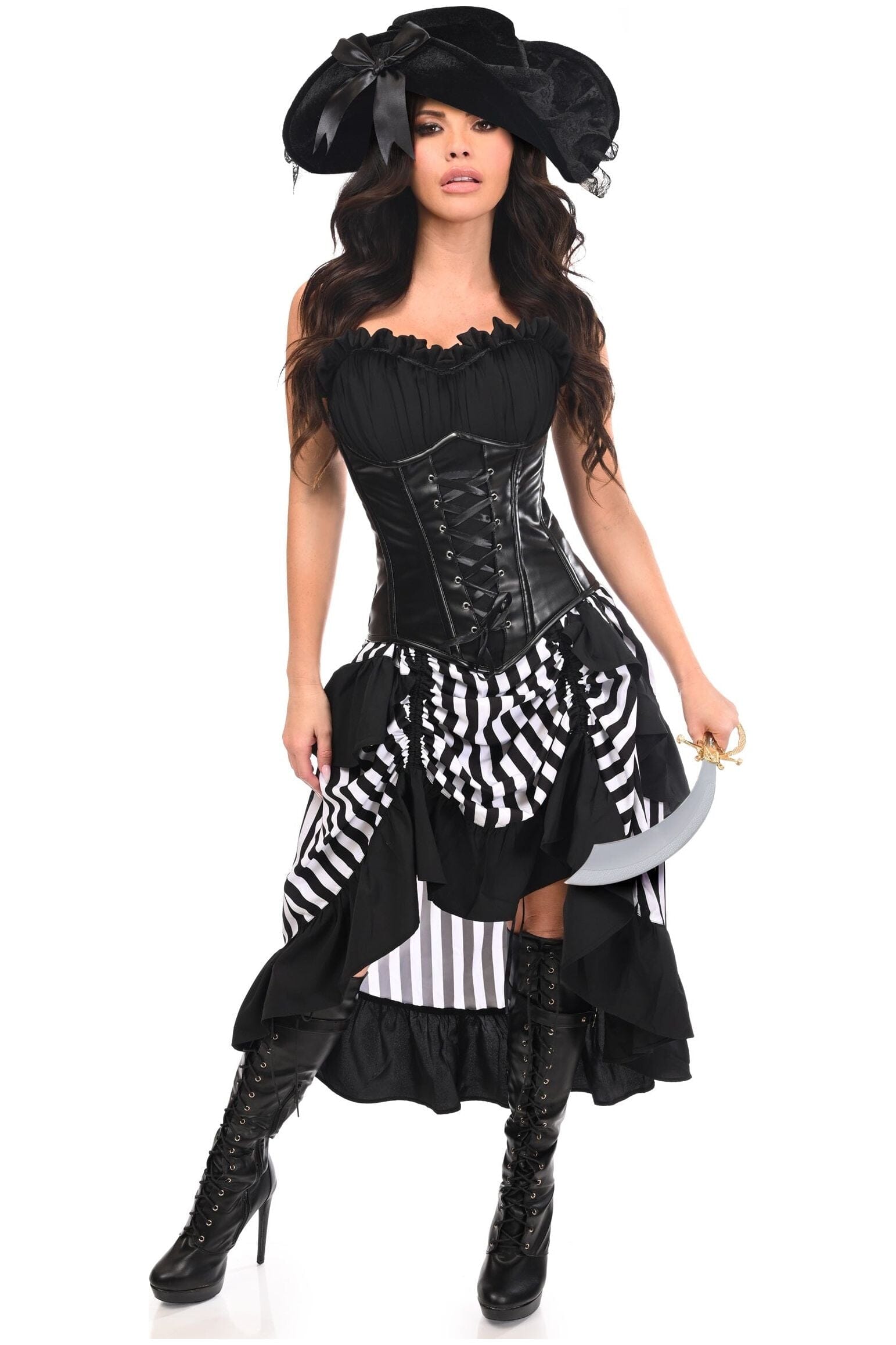 Top-Quality 4-Piece Black and White Premium Pirate Corset Costume Set for a Striking Look