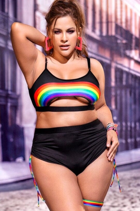 Plus Size Open Cutout Underbust Boy Shorts Rainbow Set