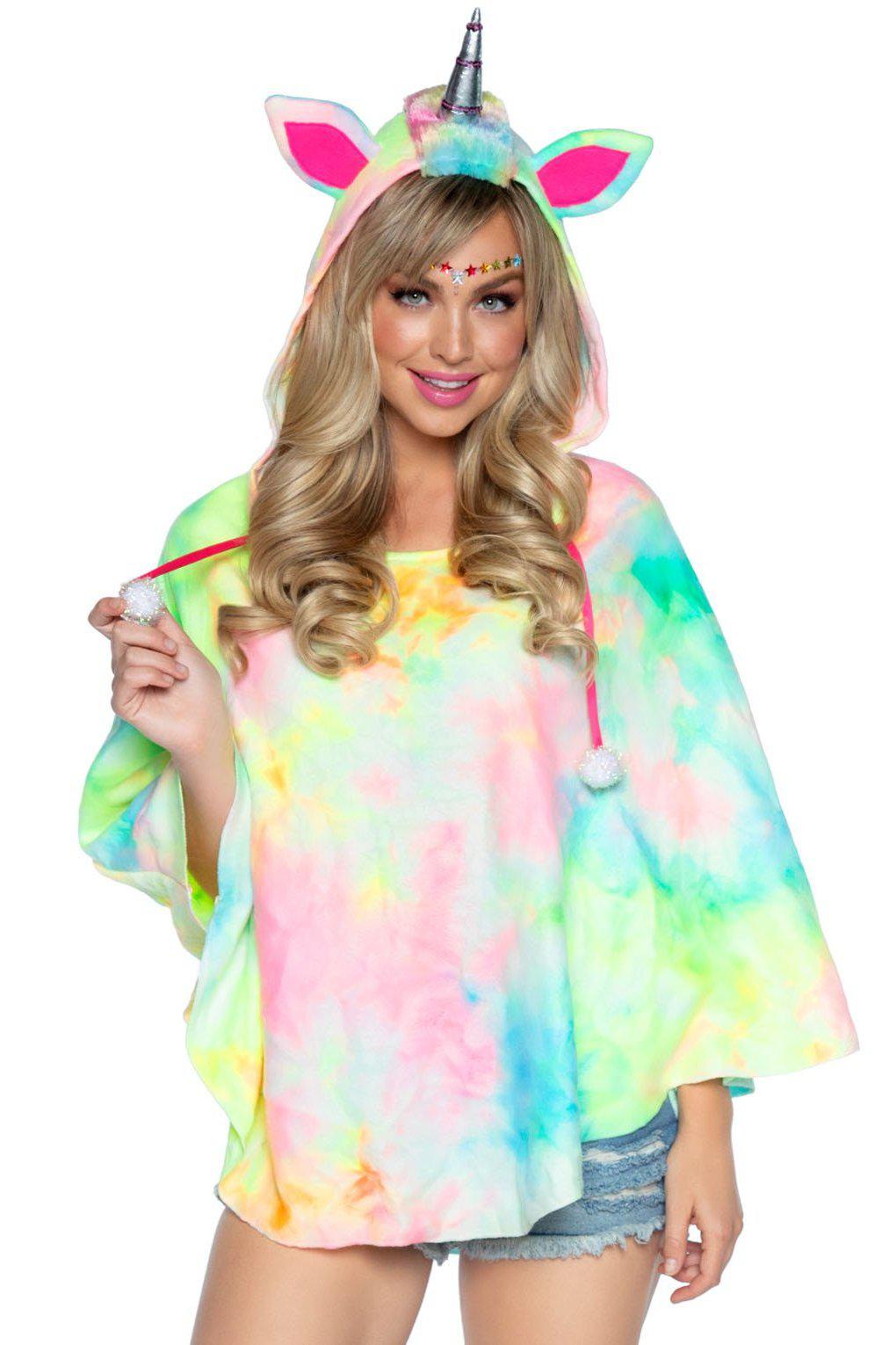 Leg Avenue Tie - Dye Unicorn Poncho Costume with Fur Mane, Tail and Horn Hood