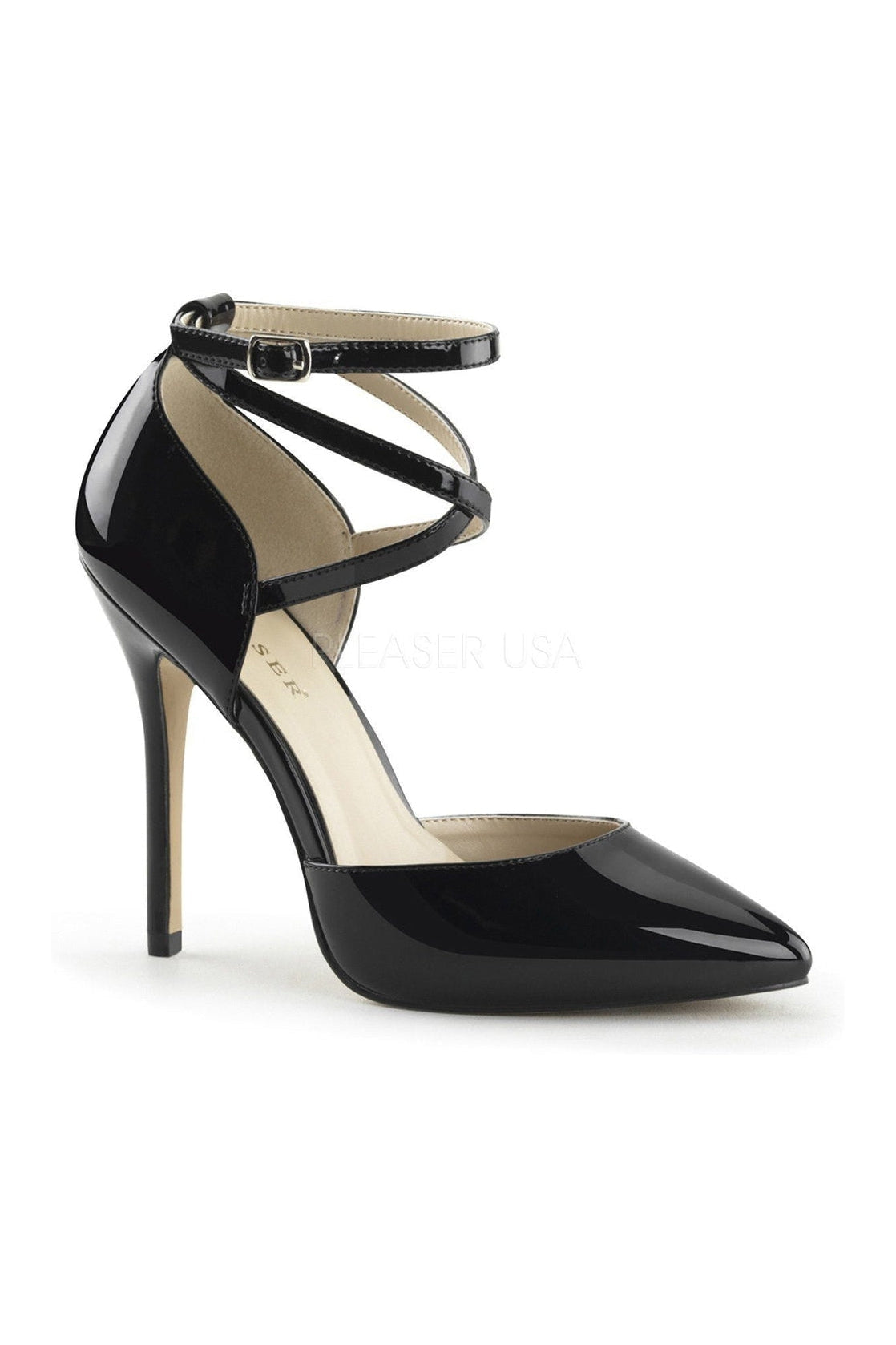 AMUSE-25 Black Patent Leather D'Orsay Ankle Strap Pumps with Pointed Toe and Hidden Platform