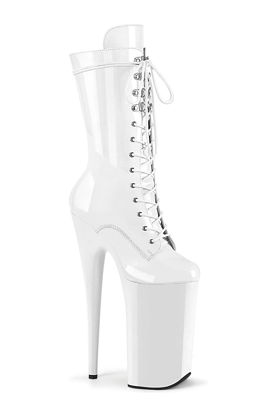 Pleaser BEYOND-1050 Knee-High White Patent Lace-Up Boots with Side Zipper