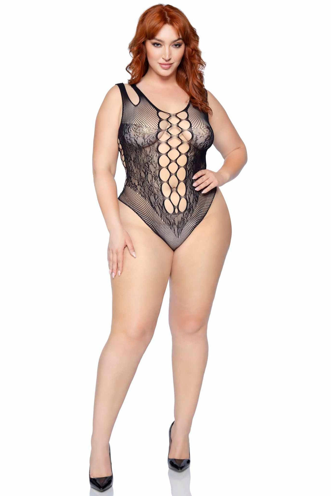 Plus Size Dual - Strapped Seamless Net and Lace Bodysuit
