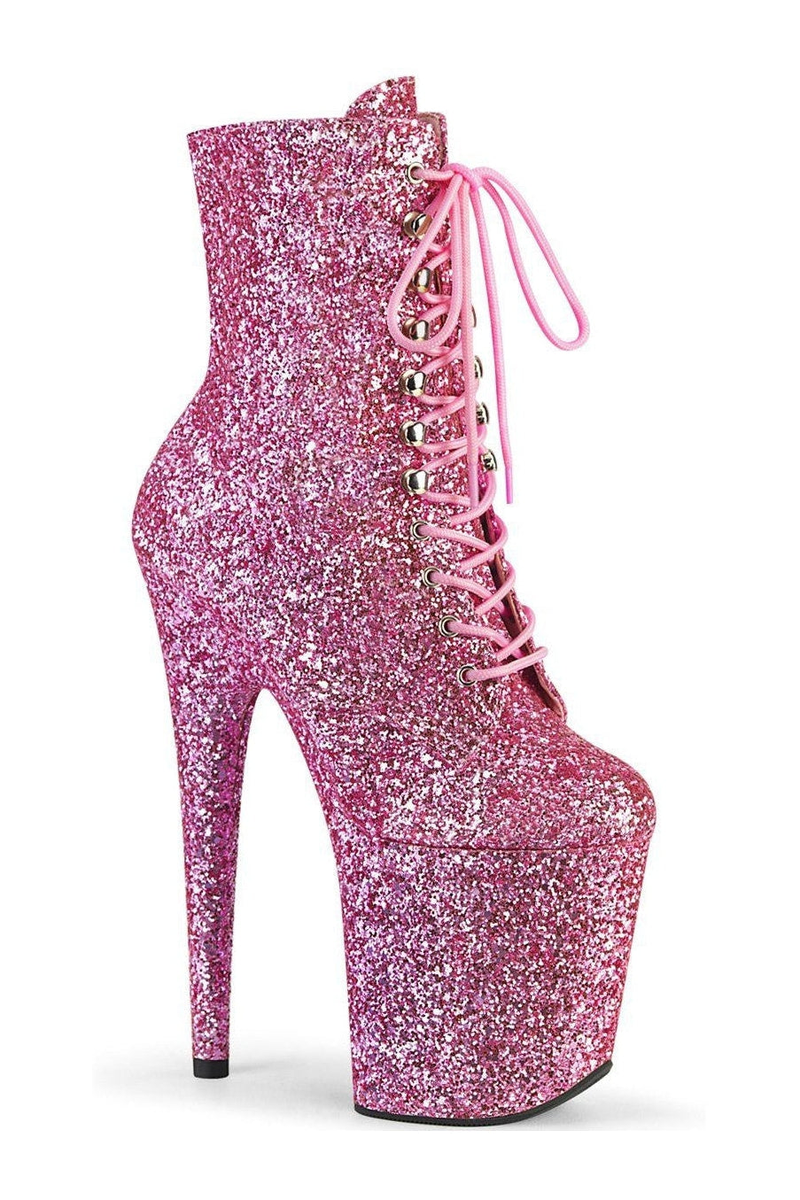 Pleaser's Pink Glitter Flamingo-1020GWR Exotic Lace-Up Ankle Boots
