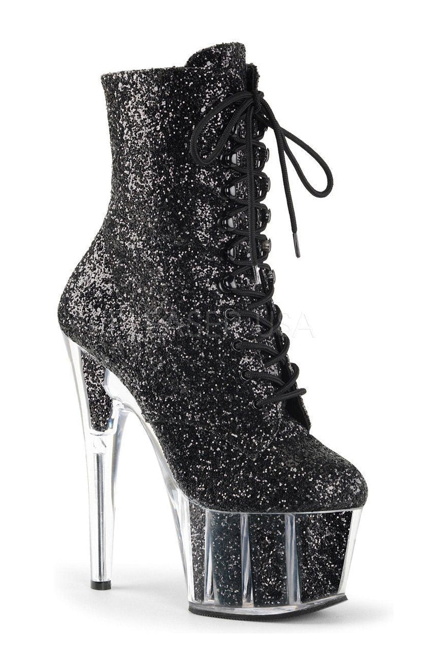 ADORE 1020G Black Glitter Platform Ankle Boot with Stiletto Heel