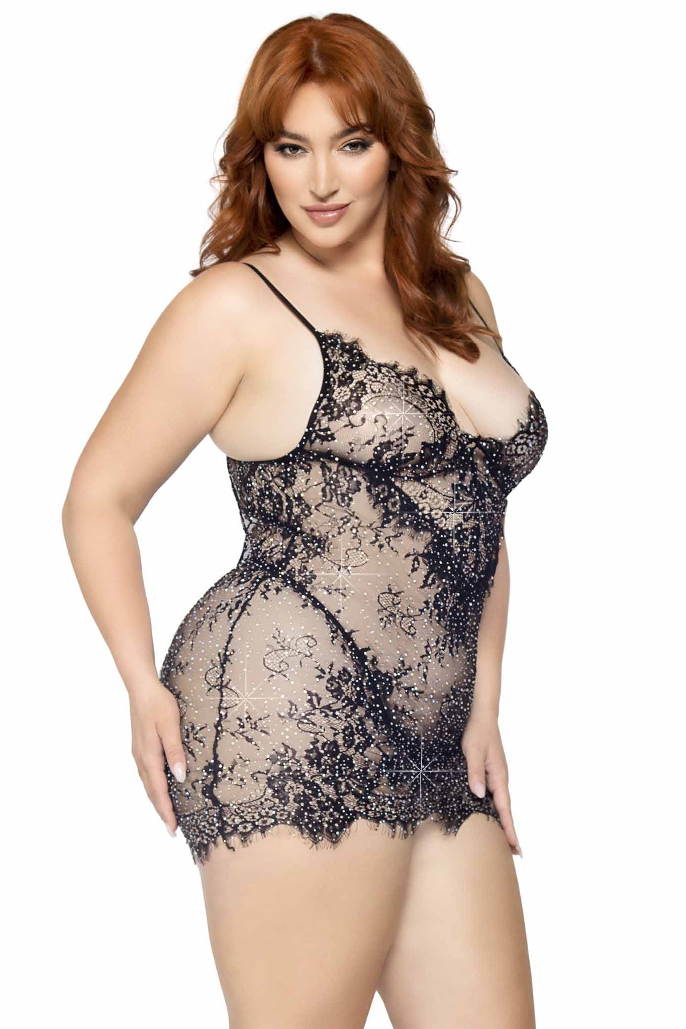 Plus Size 2-Piece Eyelash Lace & Rhinestone Backless Mini Dress Ensemble