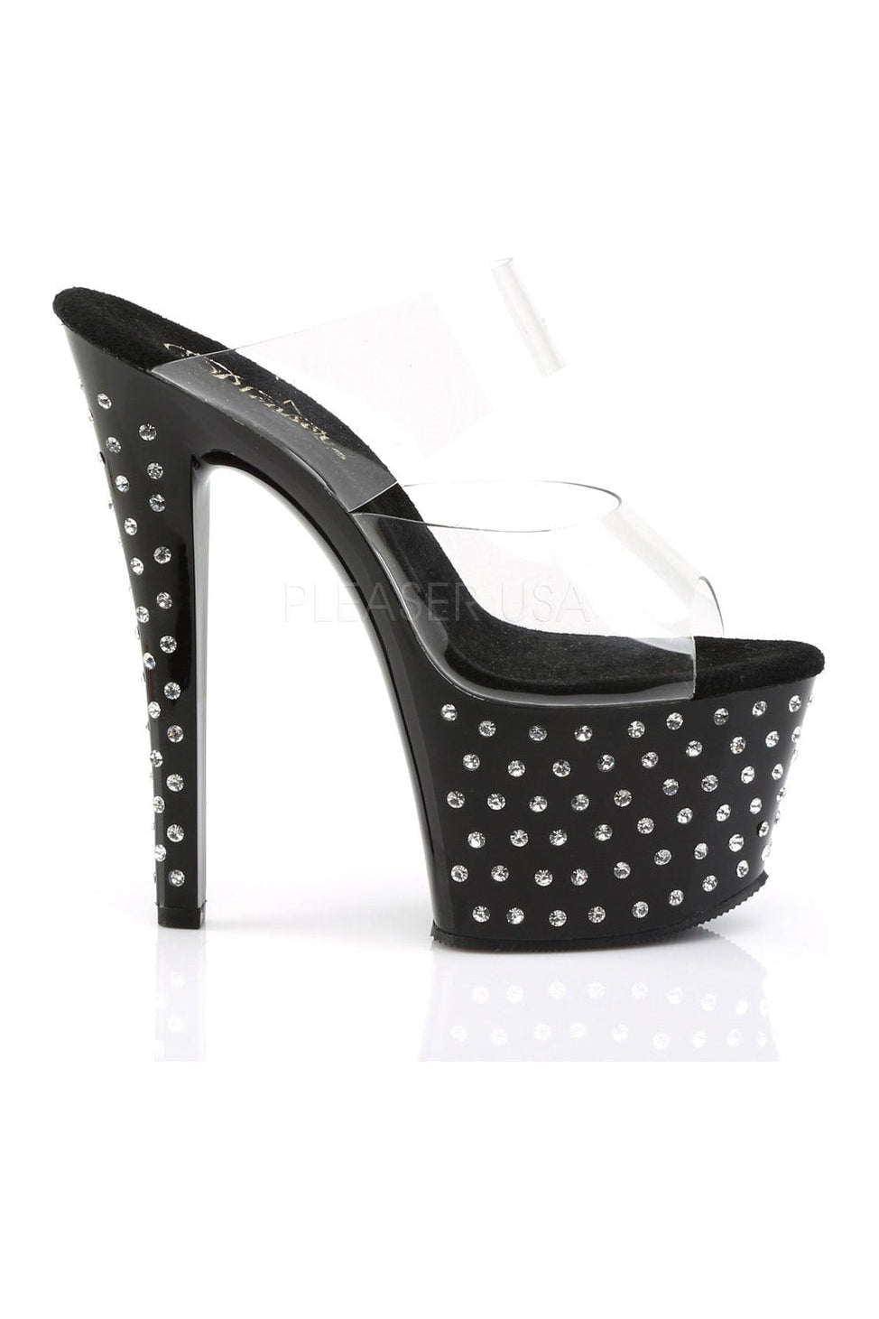 STARDUST-702 Black Vinyl Platform Slide Sandals with Rhinestone Studded Design