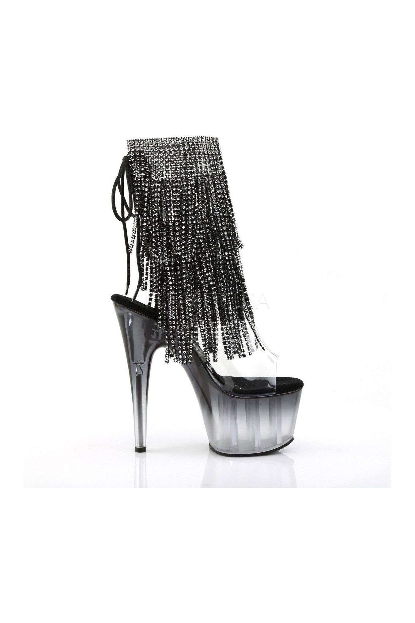 Black Vinyl ADORE-1017RSFT Open-Toe Platform Boot with Rhinestone Fringe