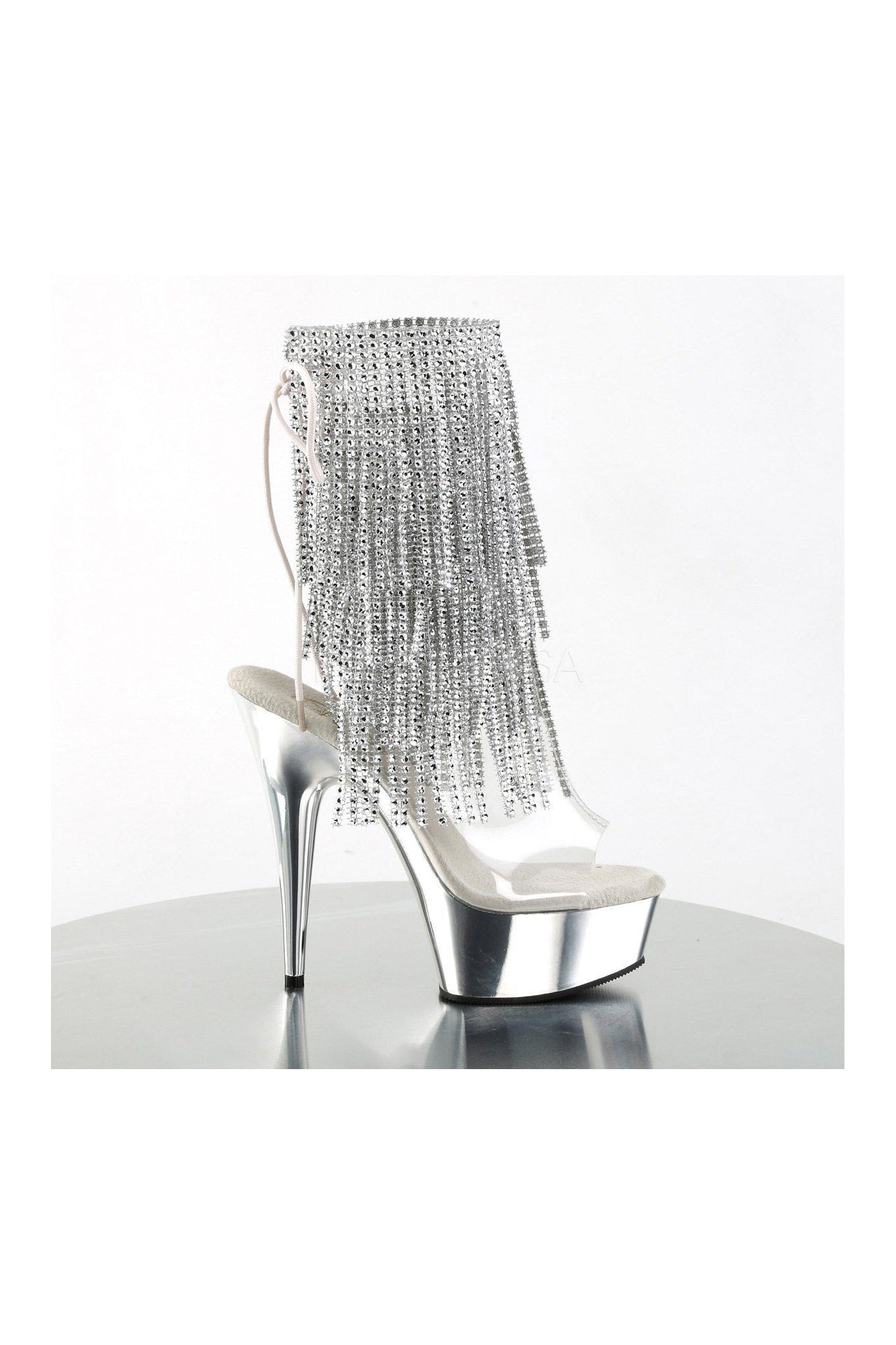 DELIGHT-1017RSF Clear Vinyl Open Toe Platform Boot with Rhinestone Fringe