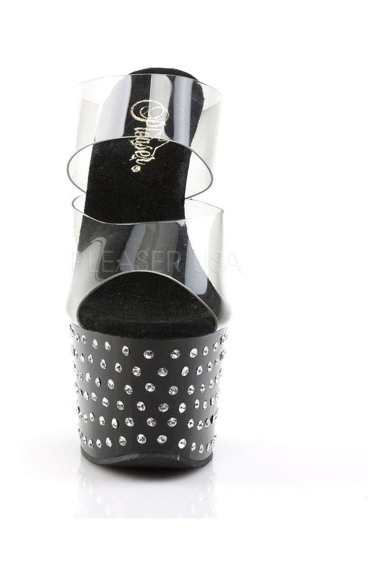 STARDUST-702 Black Vinyl Platform Slide Sandals with Rhinestone Studded Design