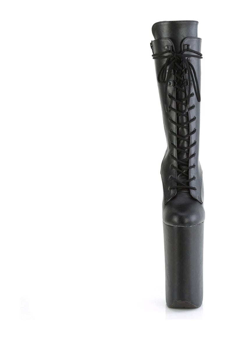 BEYOND-1050WR Stylish Black Faux Leather Mid Calf Knee-High Lace-Up Boots