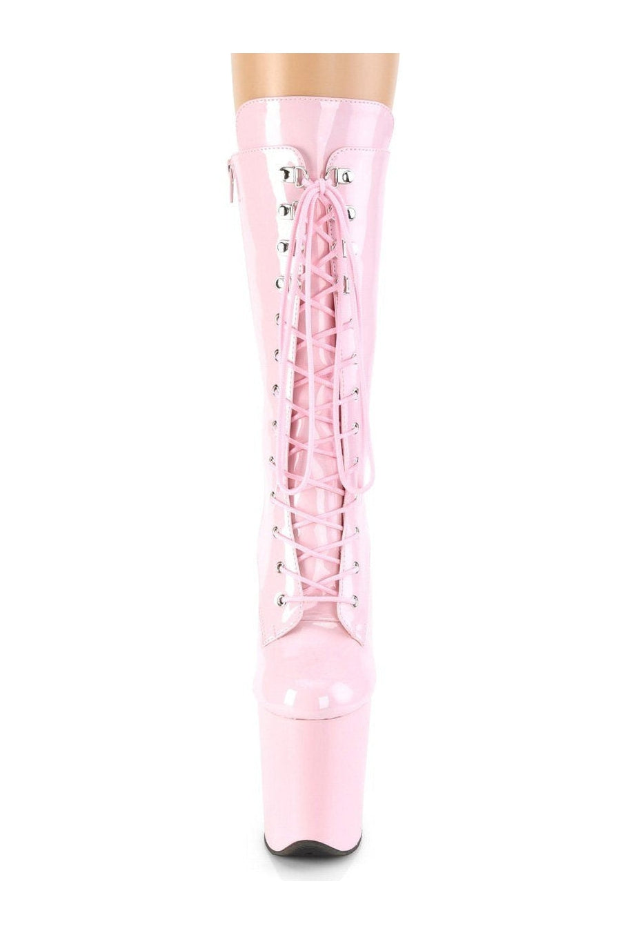 Pleaser Brand Flamingo-1050 Pink Patent Exotic Ankle Lace - Up Glitter Boot with Side Zipper