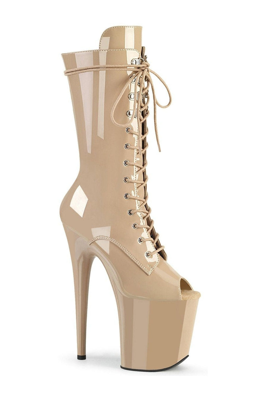 Exotic Flamingo-1051 Nude Patent Ankle Glitter Lace-Up Boot with Side Zipper