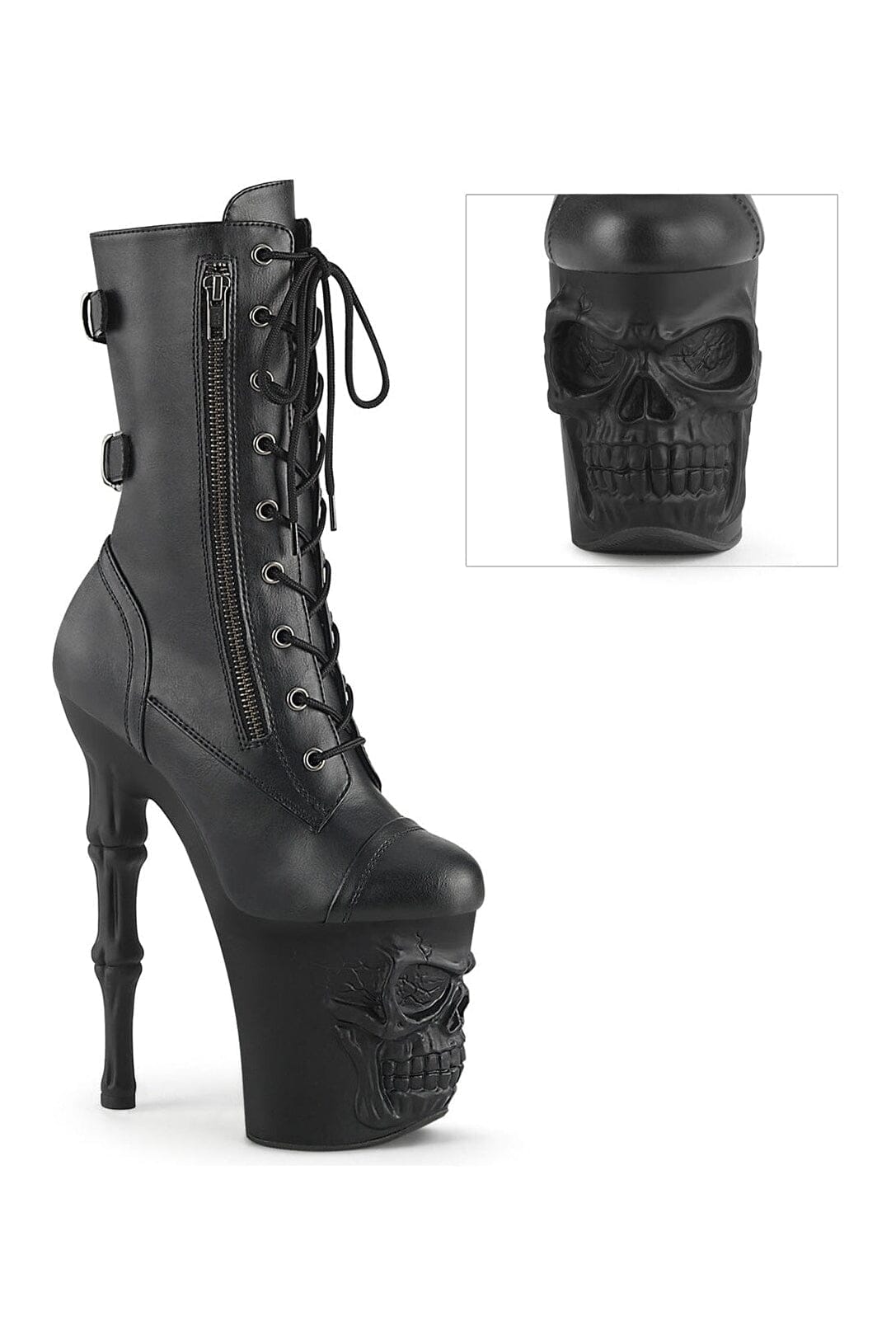 Pleaser RAPTURE-1047 Black Faux Leather Mid Calf Knee Boot with Unique Design