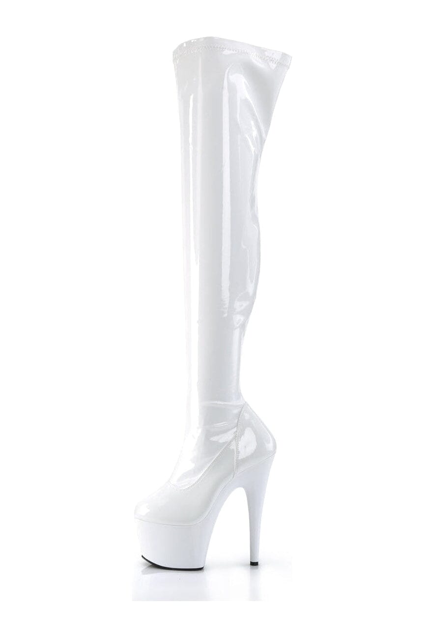 Pleaser ADORE - 3000 White Patent Stretch Thigh High Boots with Side Zipper