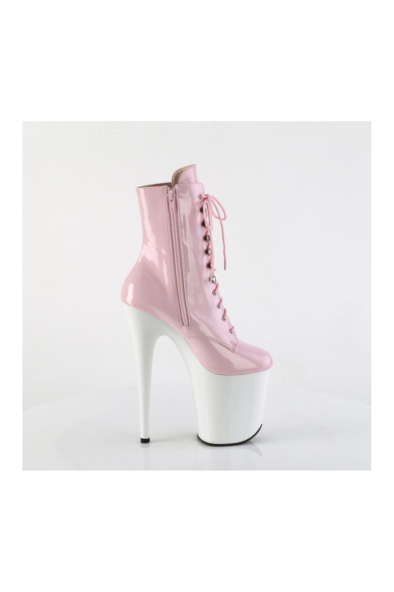 Pleaser FLAMINGO-1020 Pink Patent Lace-Up Ankle Boots with Side Zipper