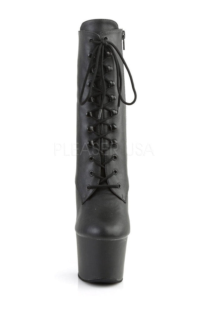SKY-1020 Ankle Platform Boot with Front Lace-Up and Inside Zip Closure in Black Faux Leather