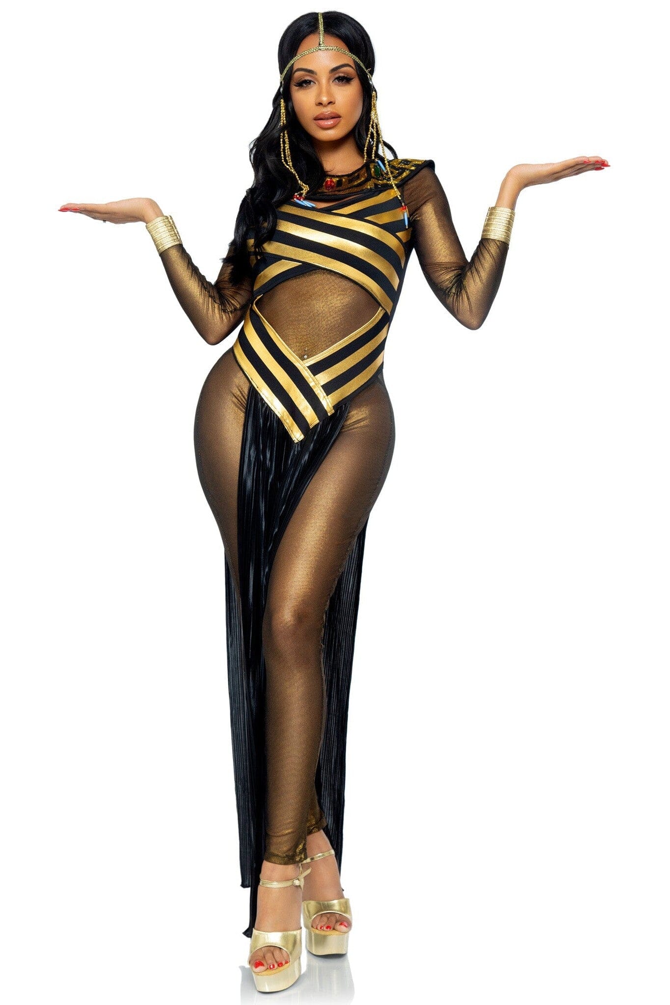 Three - Piece Nile Queen Catsuit Dress Set with Jewel Collar Headpiece