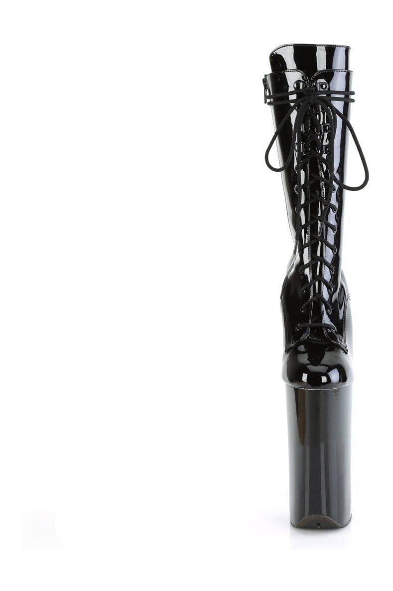 BEYOND-1050 Black Patent Leather Mid Calf Knee-High Lace-Up Boots with Side Zipper