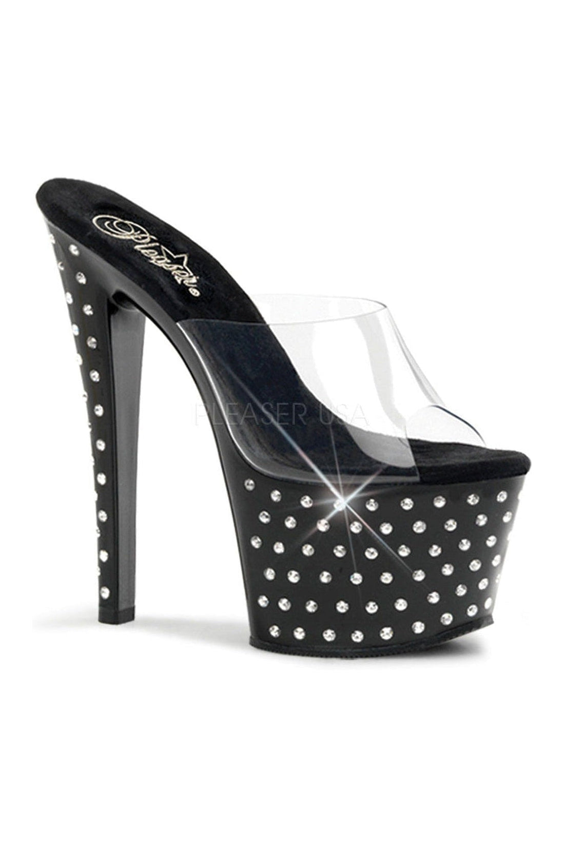 Black Vinyl STARDUST-701 Rhinestone Studded Platform Slide Sandals