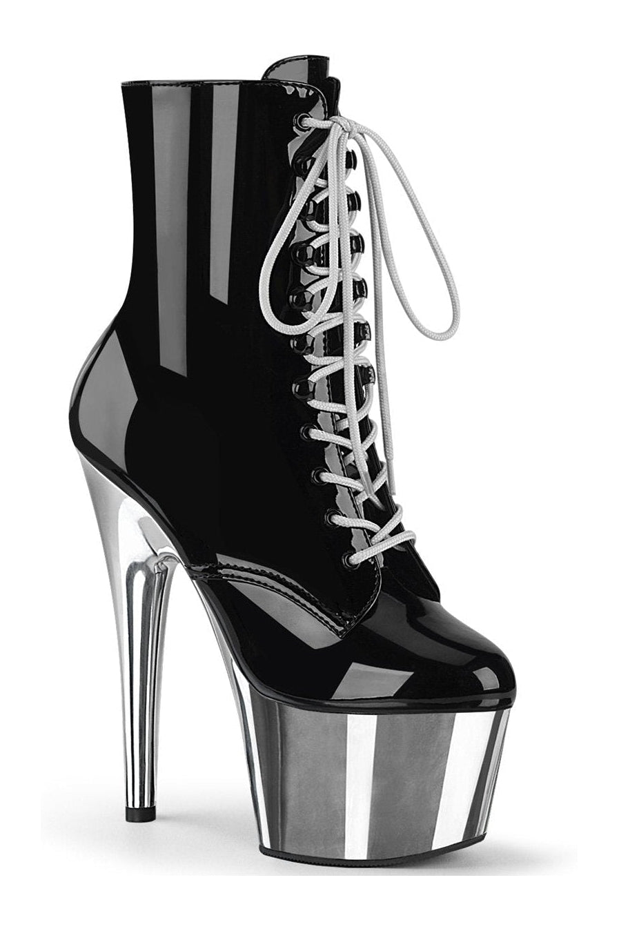 Pleaser ADORE-1020 Black Patent Exotic Lace-Up Ankle Boot with Side Zipper