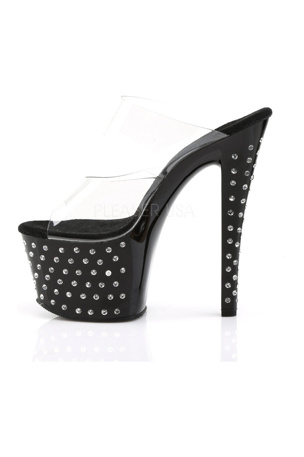 STARDUST-702 Black Vinyl Platform Slide Sandals with Rhinestone Studded Design