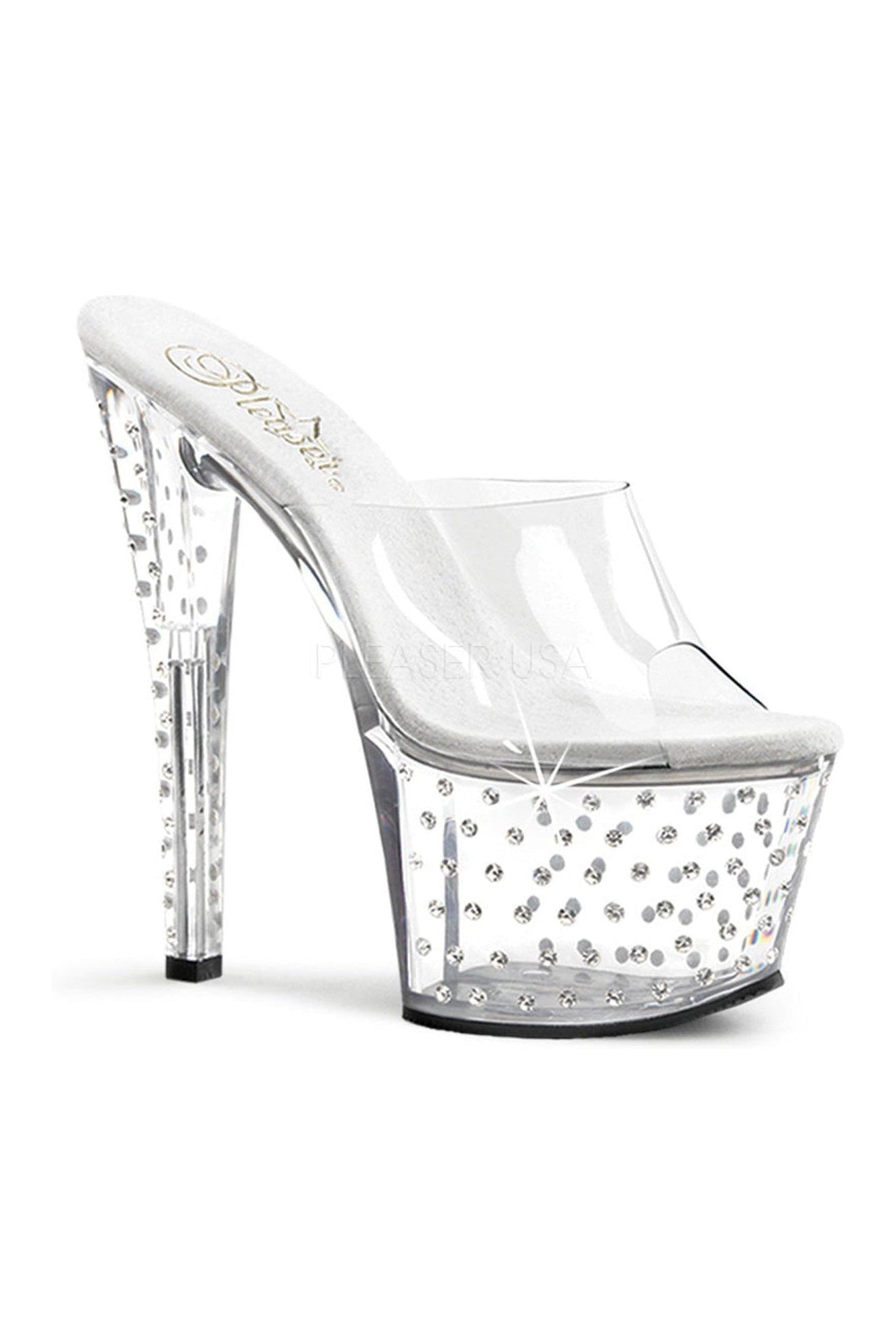 STARDUST-701 Clear Vinyl Platform Slide Sandals with Rhinestone Studded Platform