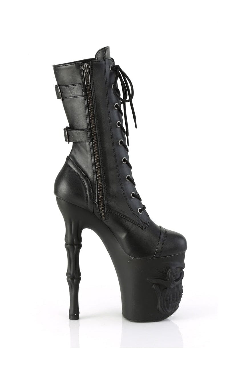 Pleaser RAPTURE-1047 Black Faux Leather Mid Calf Knee Boot with Unique Design