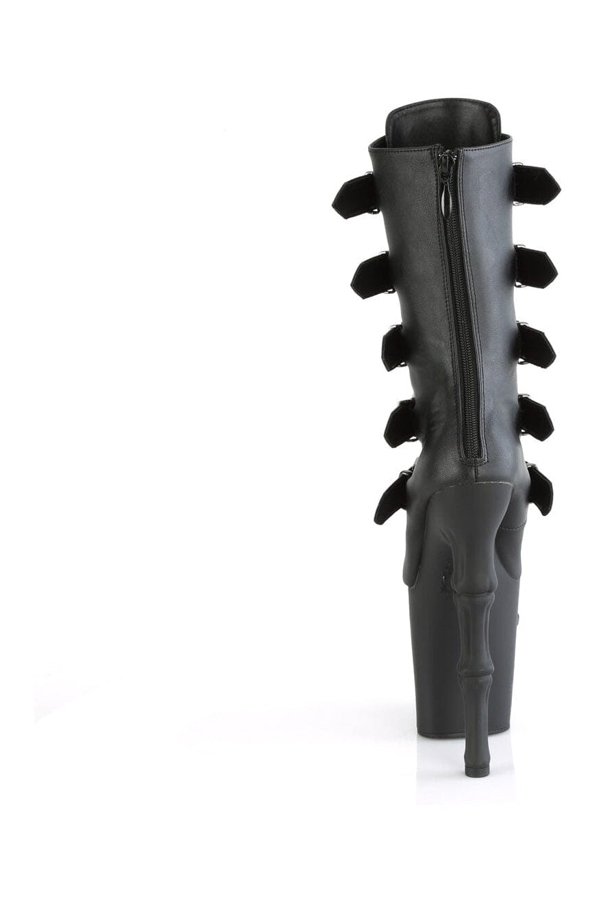 Pleaser's RAPTURE-1052BK Black Faux Leather Mid Calf Knee Boot with Unique Design