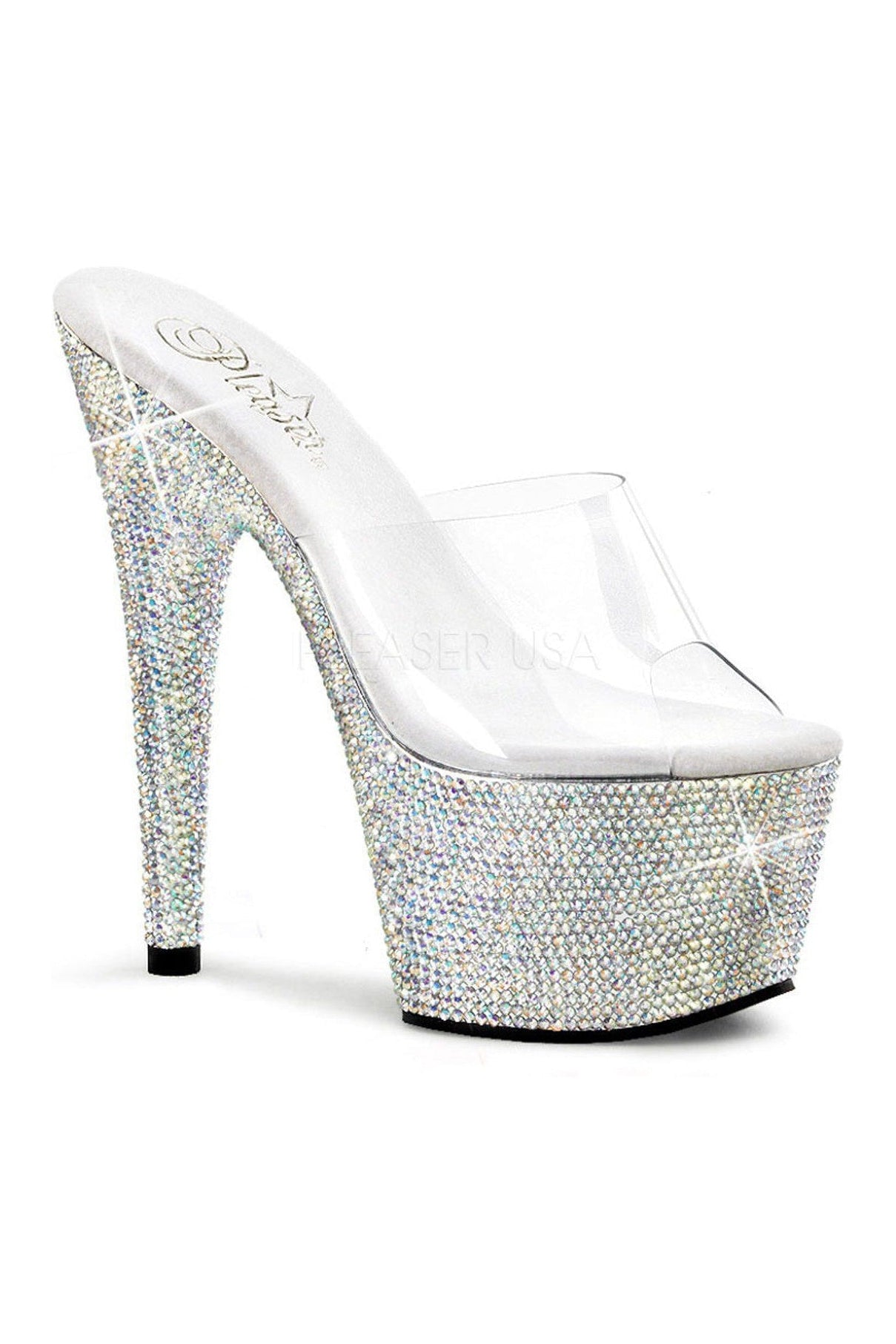 BEJEWELED-701DM Clear Vinyl Platform Slide with Sparkling Rhinestones