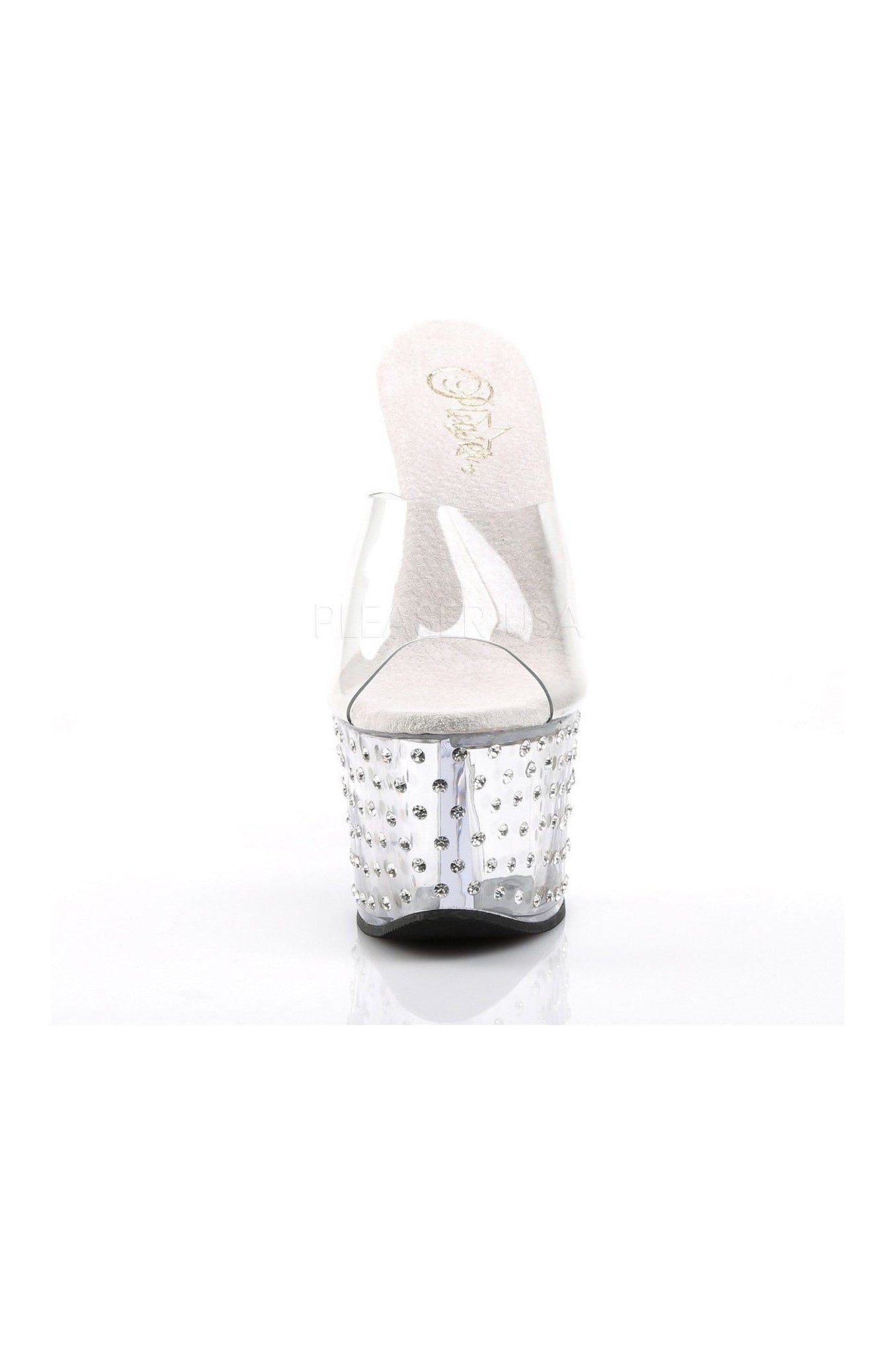 STARDUST-701 Clear Vinyl Platform Slide Sandals with Rhinestone Studded Platform