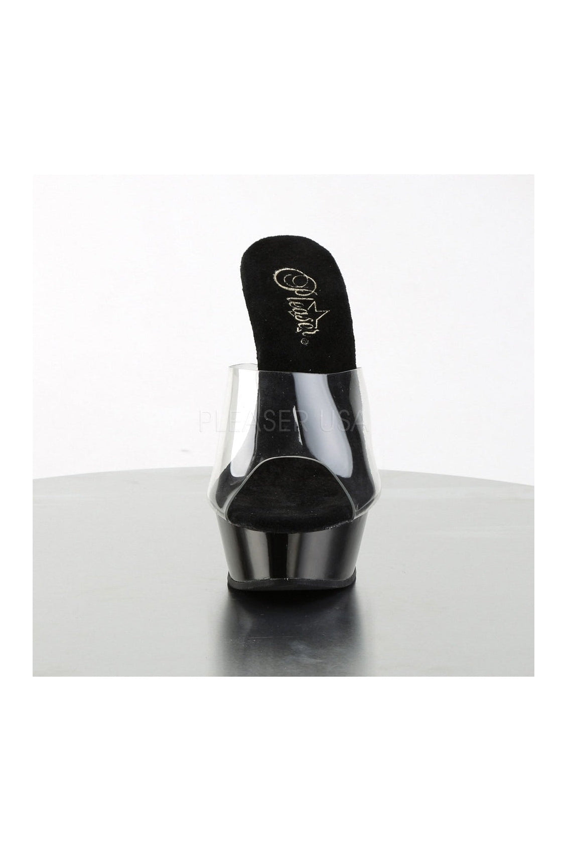 ALLURE-601 Black Vinyl Platform Sandals with Chrome Heel and Jewel Accent