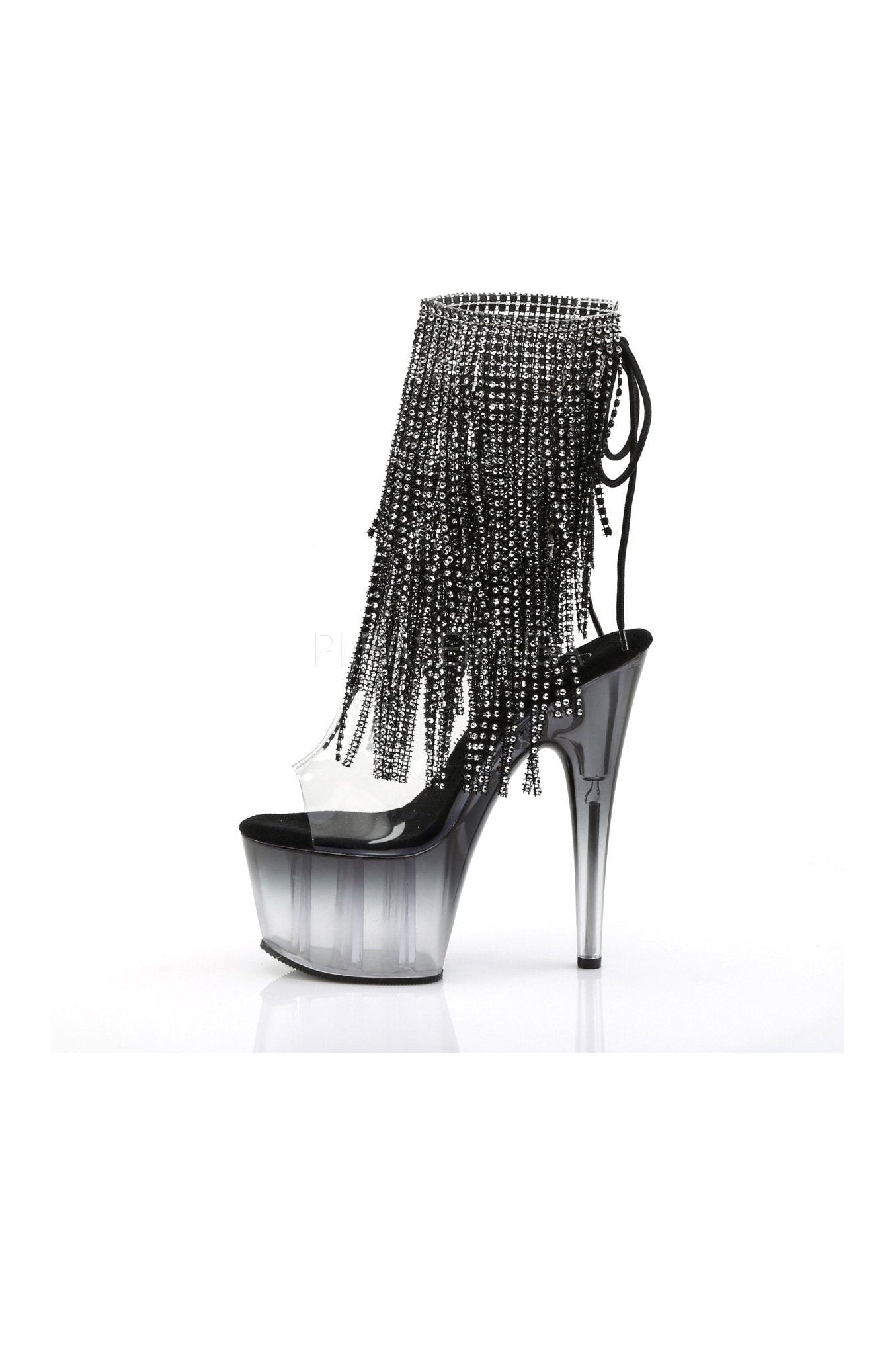 Black Vinyl ADORE-1017RSFT Open-Toe Platform Boot with Rhinestone Fringe