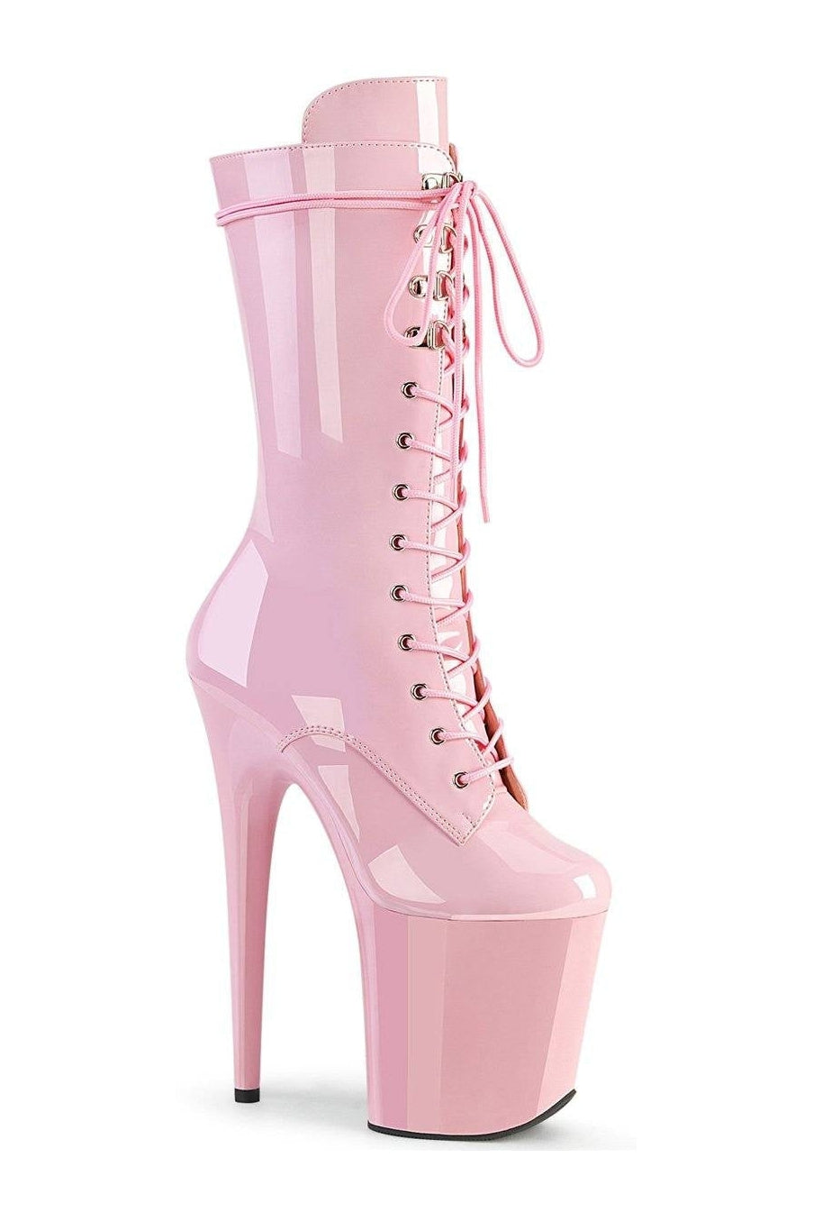 Pleaser Brand Flamingo-1050 Pink Patent Exotic Ankle Lace - Up Glitter Boot with Side Zipper