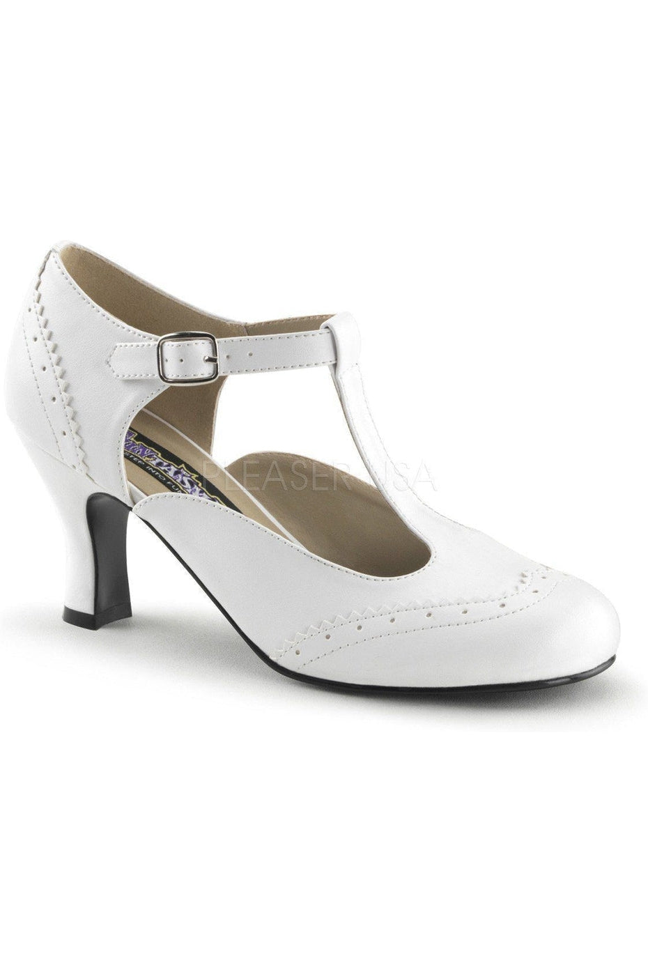 White Faux Leather FLAPPER-26 T-Strap 3-Inch Heel Pumps