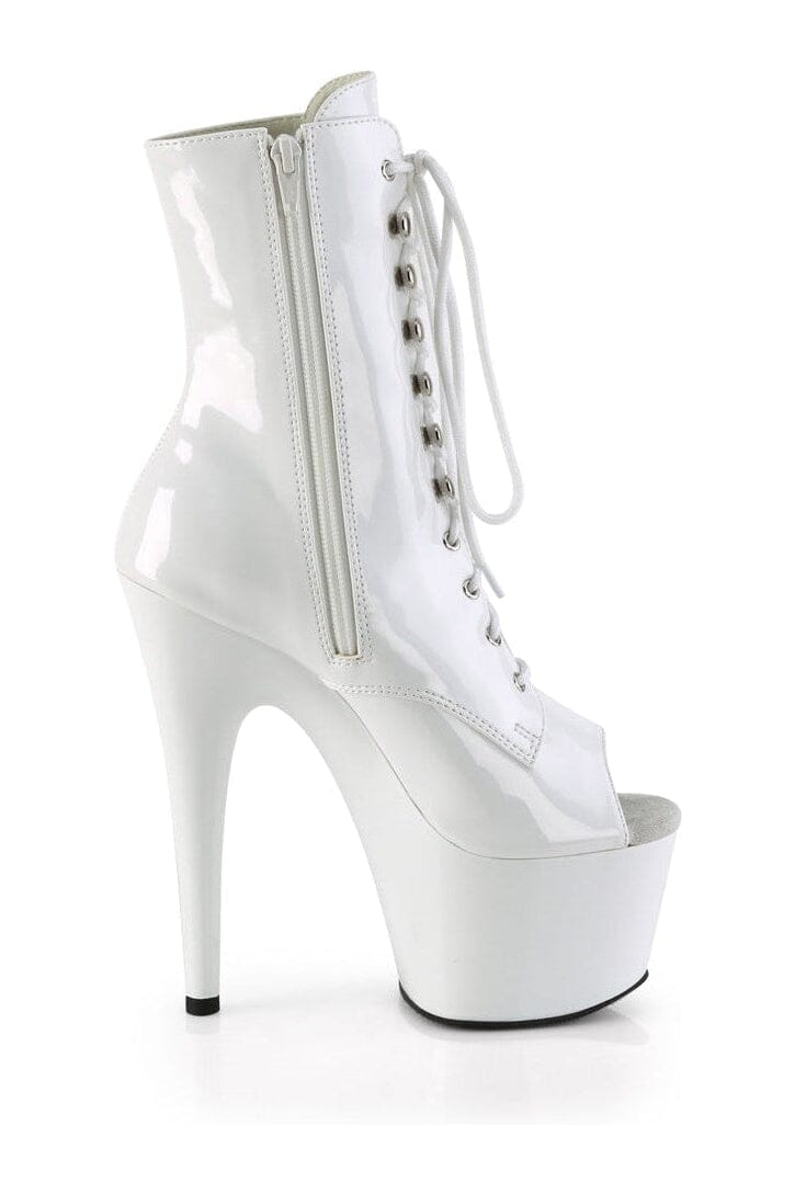 Pleaser ADORE - 1021 White Patent Lace - Up Peep Toe Ankle Boot with Side Zipper