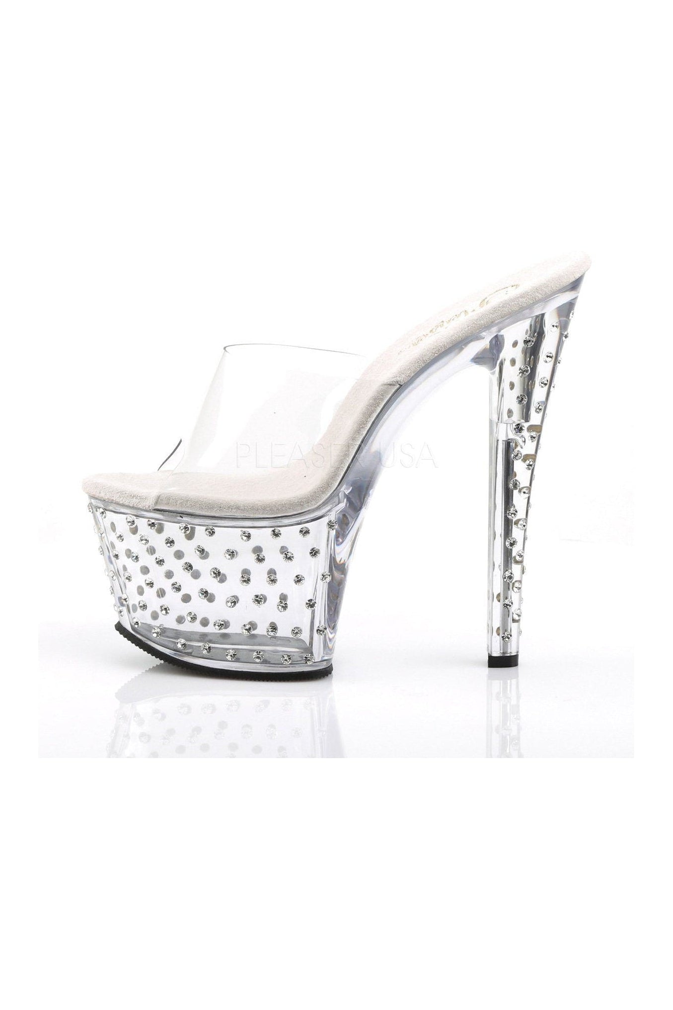 STARDUST-701 Clear Vinyl Platform Slide Sandals with Rhinestone Studded Platform