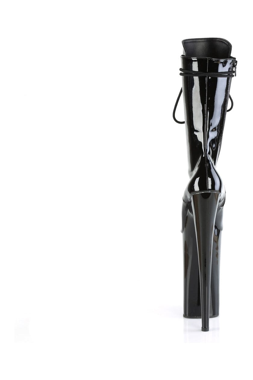 BEYOND-1050 Black Patent Leather Mid Calf Knee-High Lace-Up Boots with Side Zipper