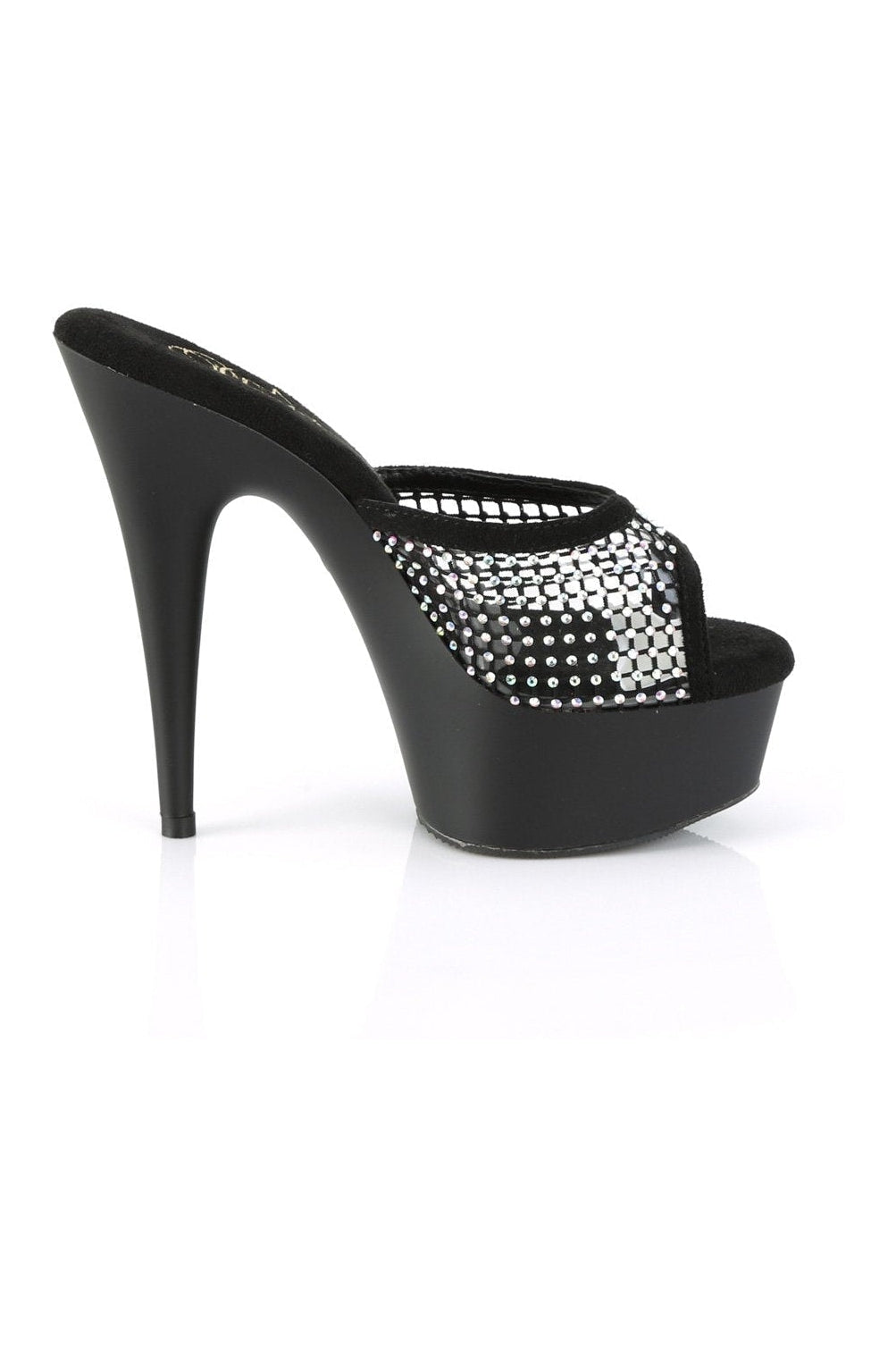 Pleaser Brand DELIGHT-601-6RM Black Faux Suede Rhinestone Mesh Slide Sandals