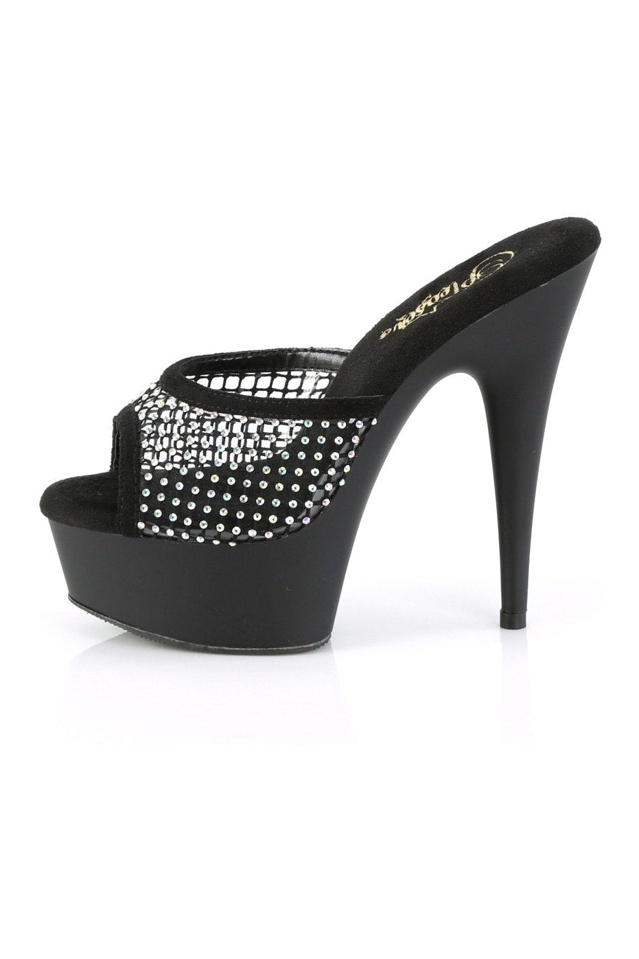 Pleaser Brand DELIGHT-601-6RM Black Faux Suede Rhinestone Mesh Slide Sandals
