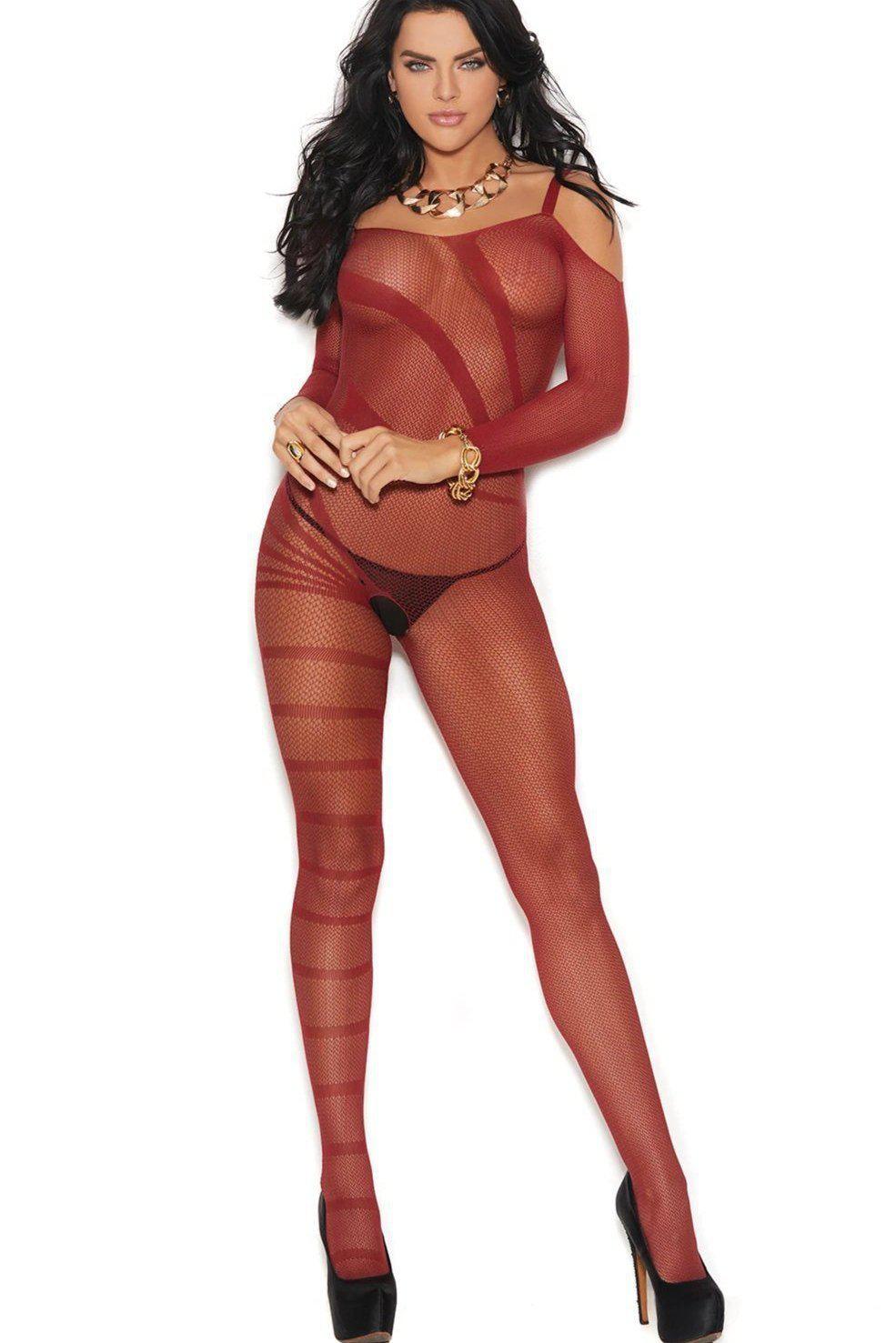 Elegant Crochet Burnout Cold-Shoulder Bodystocking with Open Crotch