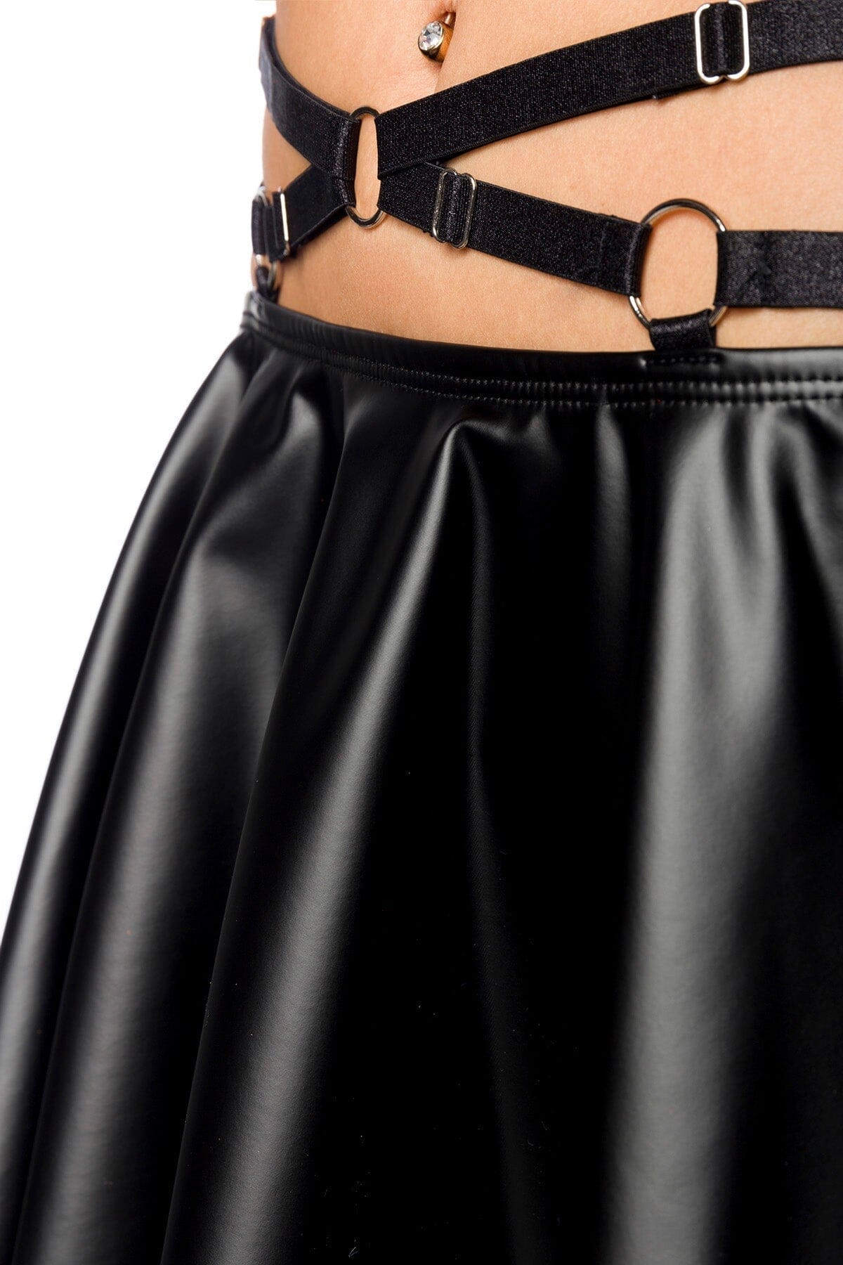 Fashionable Multi-Strap Wetlook Women's Crop Top and Flared Mini Skirt Outfit Set