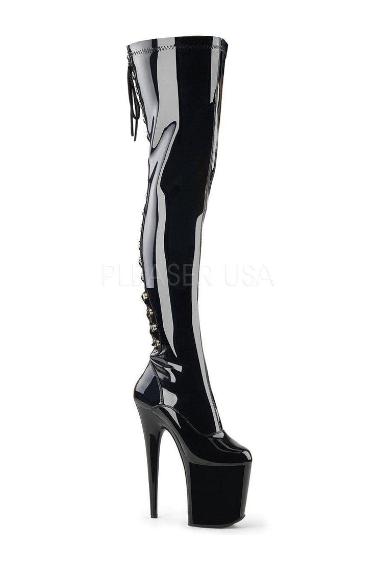 Black Patent FLAMINGO-3063 Platform Thigh High Boot with Stiletto Heel