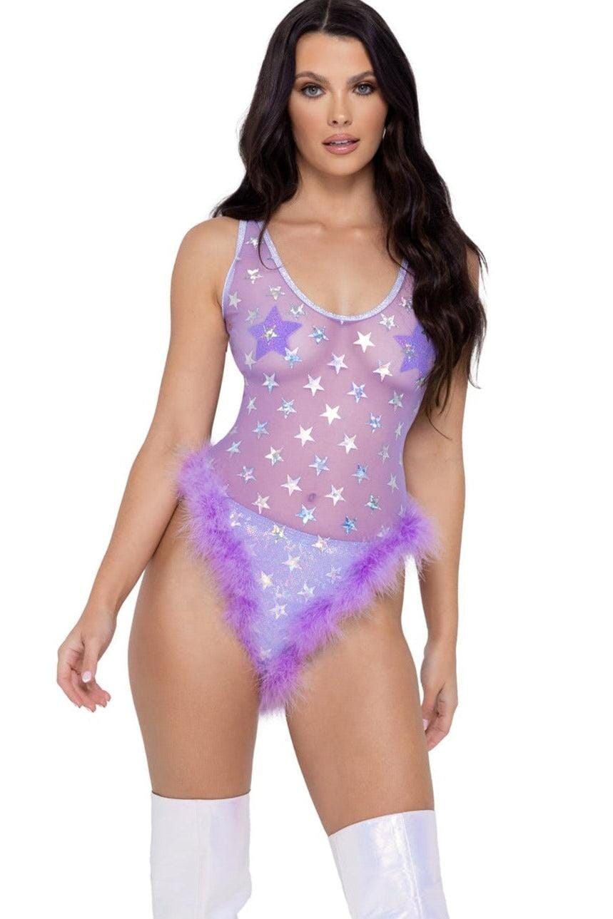 Sheer Romper with Marabou Trim and Star Design