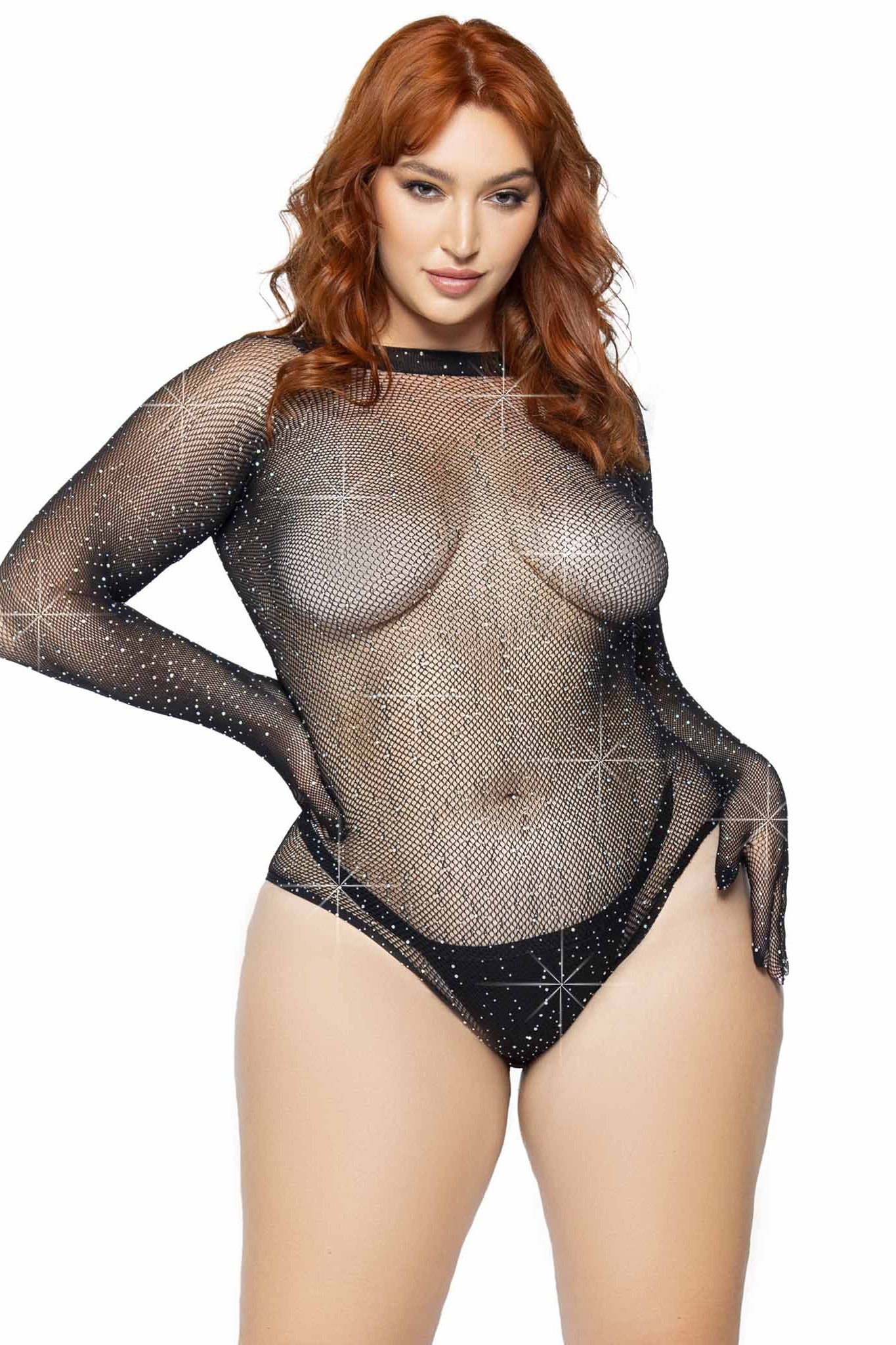Plus Size Gloved Rhinestone Fishnet Bodysuit with Snapped Crotch for Fashion Enthusiasts