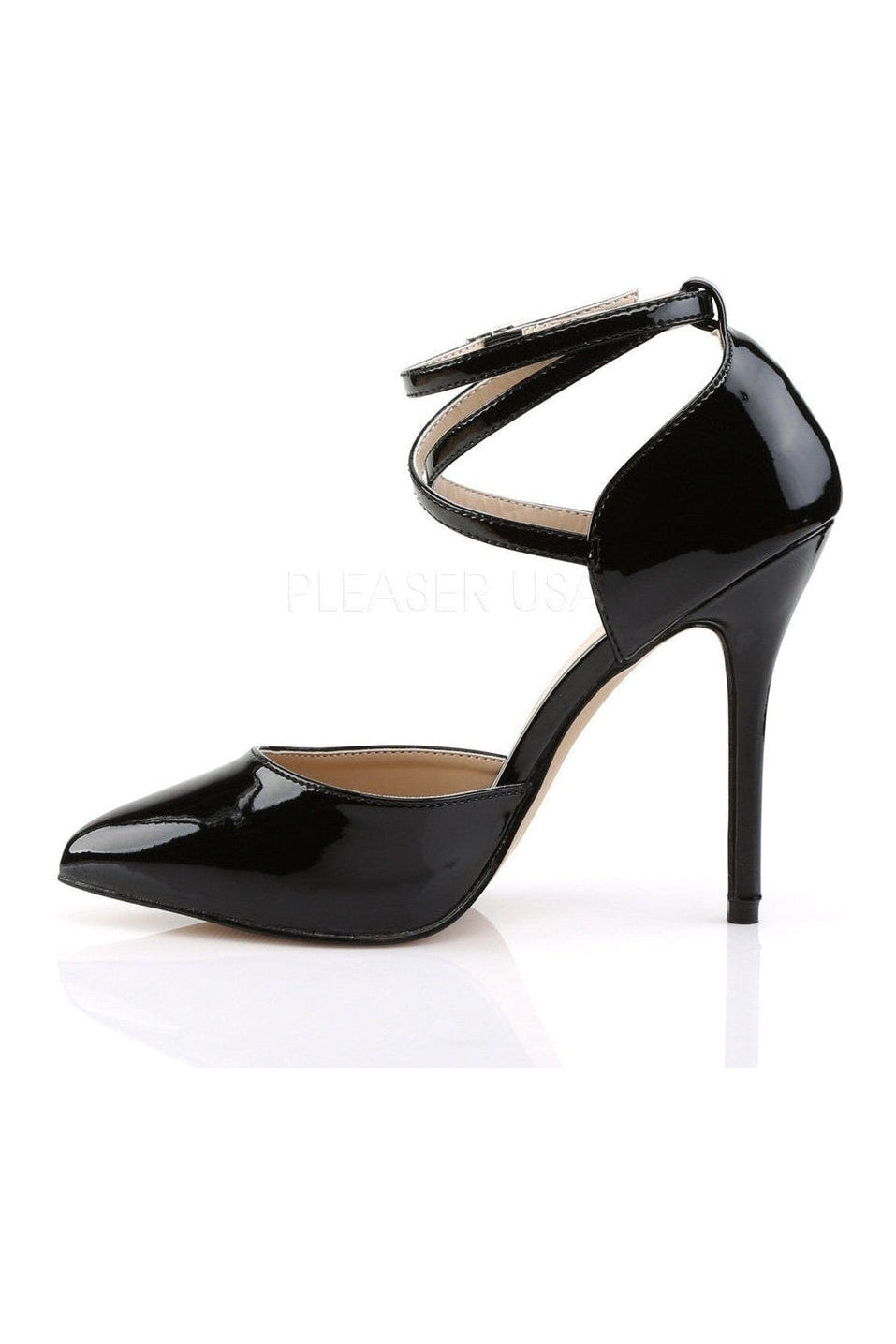 AMUSE-25 Black Patent Leather D'Orsay Ankle Strap Pumps with Pointed Toe and Hidden Platform