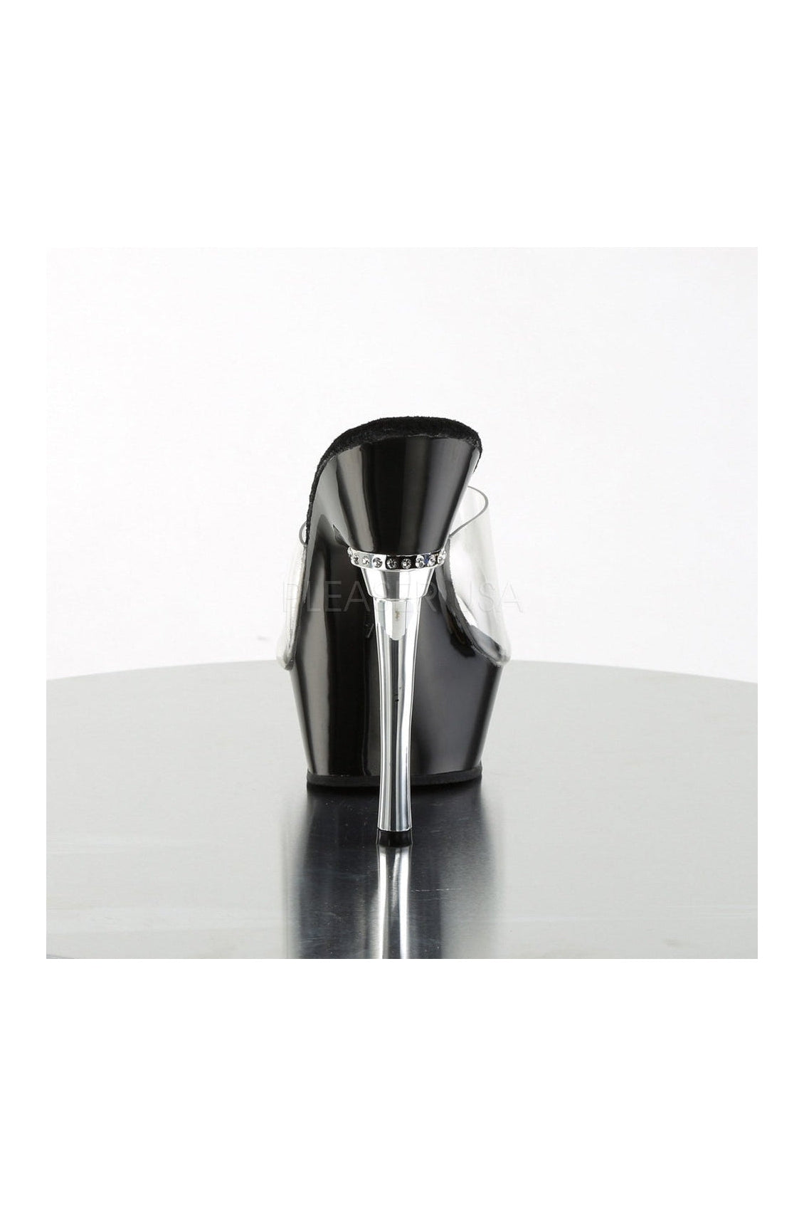 ALLURE-601 Black Vinyl Platform Sandals with Chrome Heel and Jewel Accent